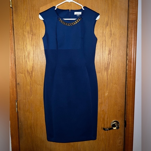 NWOT Calvin Klein Dress Blue Designer Gold Chain Metal New Royal Sleeveless Midi - Picture 2 of 6